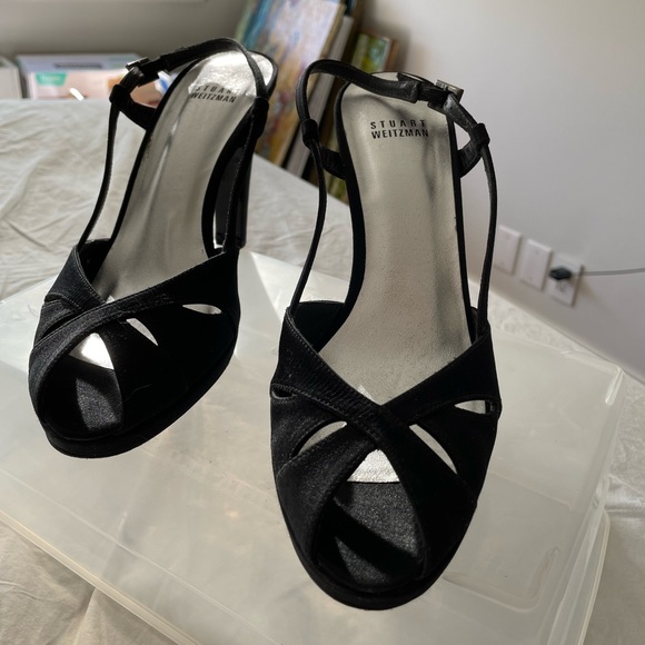Stuart Weitzman peeptoe black satin shoes 4.5” heel with 1/2” platform Worn once main image 2